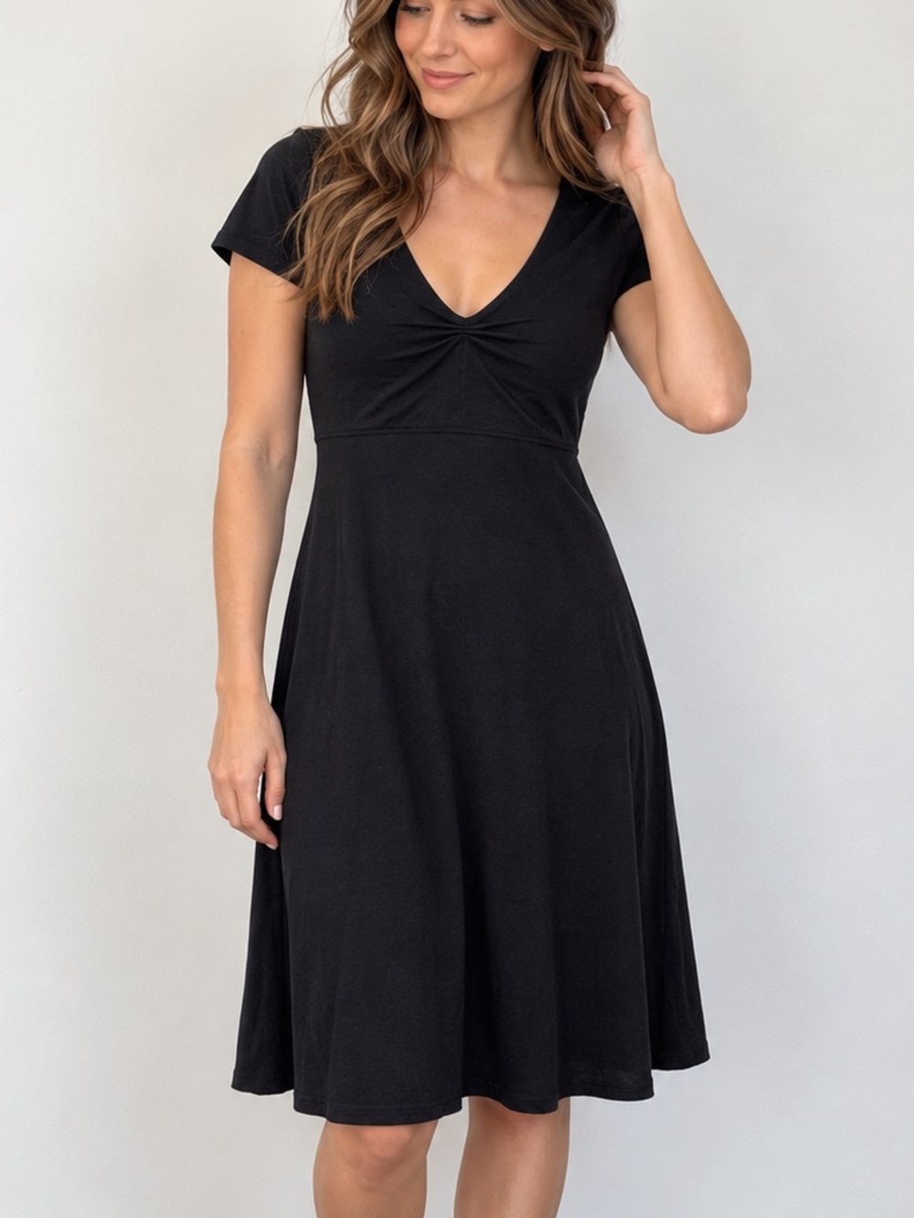 Toad&Co Black Ruched V-Neck Tencel Blend Dress Medium